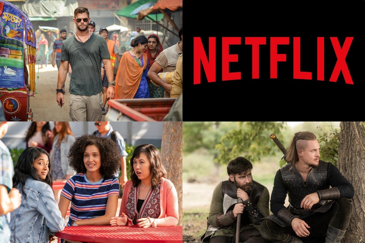 Netflix-Formate: "Tyler Rake: Extraction" (l.o.), "Noch nie in meinem Leben" (l.u.) und "The Last Kingdom" (r.u.)