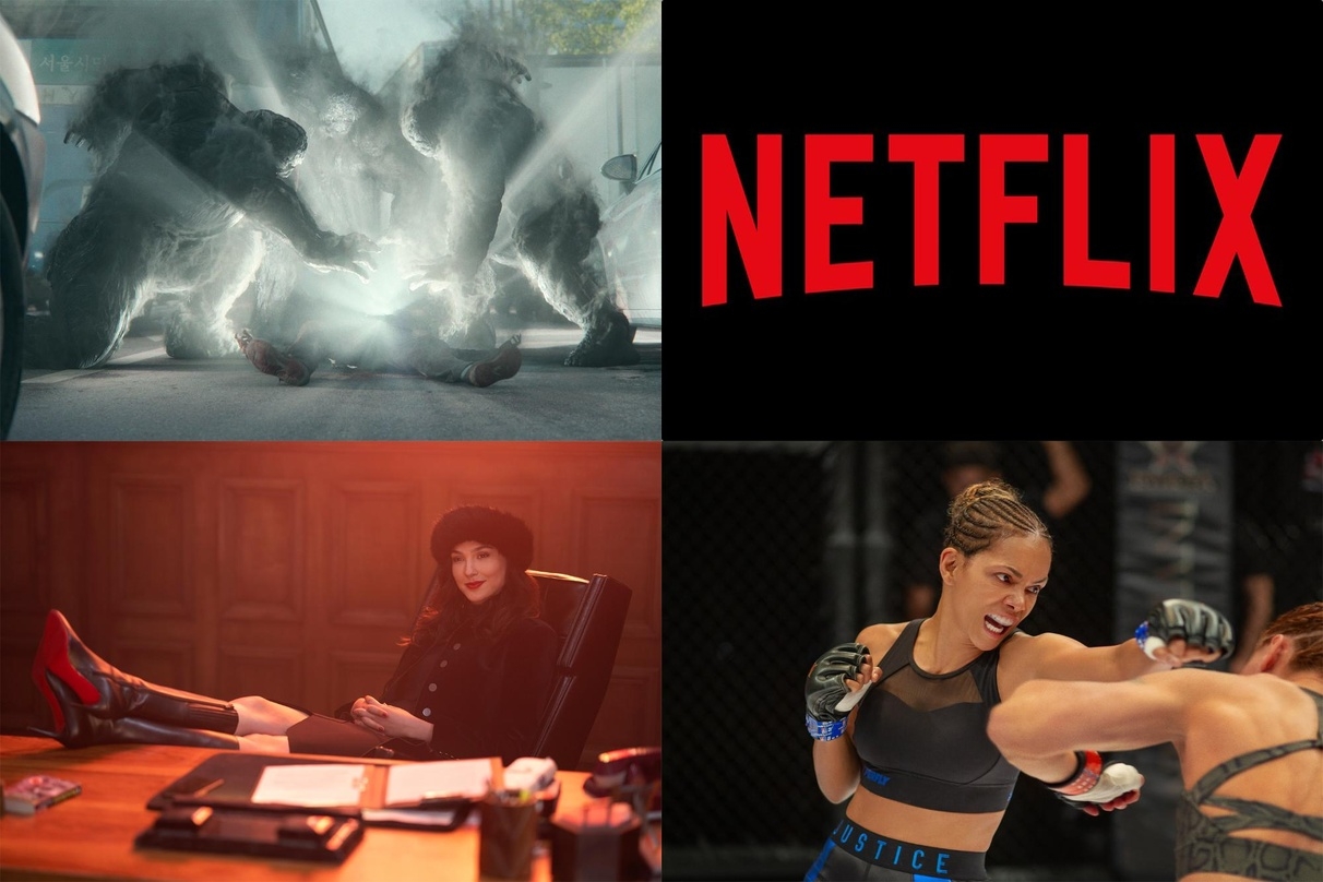 Netflix-Erfolge: "Hellbound" (l.o.), "Red Notice" (l.u.) und "Bruised" (r.u.)