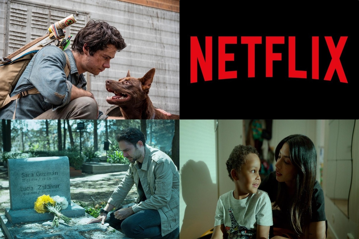 Netflix-Erfolge: "Love and Monsters" (l.o.), "Wer hat Sara ermordet" (l.u.) und "Schnelles Geld" (r.u.)