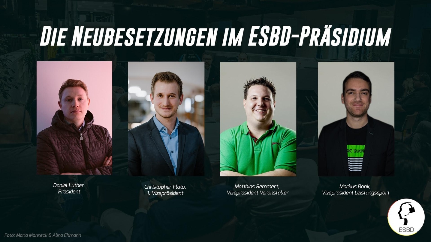 Das neue Präsidium des eSport-Bund Deutschland (ESBD): Daniel Luther, Christopher Flato, Matthias Remmert und Markus Bonk (v.l.)