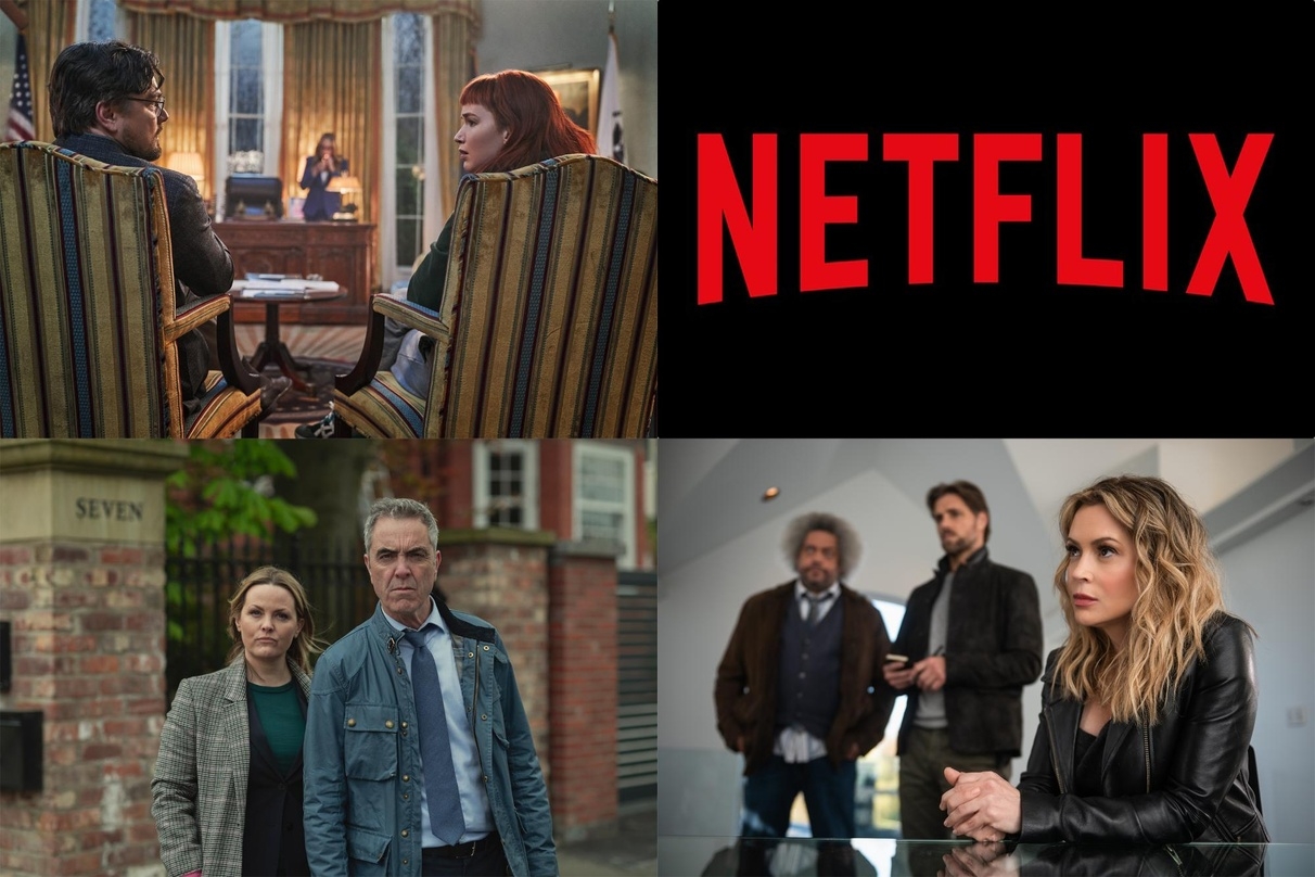 Netflix-Erfolge: "Don't Look Up" (l.o.), "Wer einmal lügt" (l.u.) und "Verlorene Liebe" (r.u.)