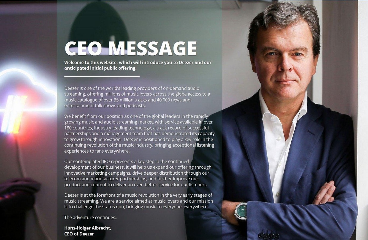 "Das Abenteuer geht weiter": Deezer-CEO Hans-Holger Albrecht gibt sich in seinem Grußwort auf den Onlineseiten mit Informationen zum geplanten Börsengang des Unternehmens noch zuversichtlich