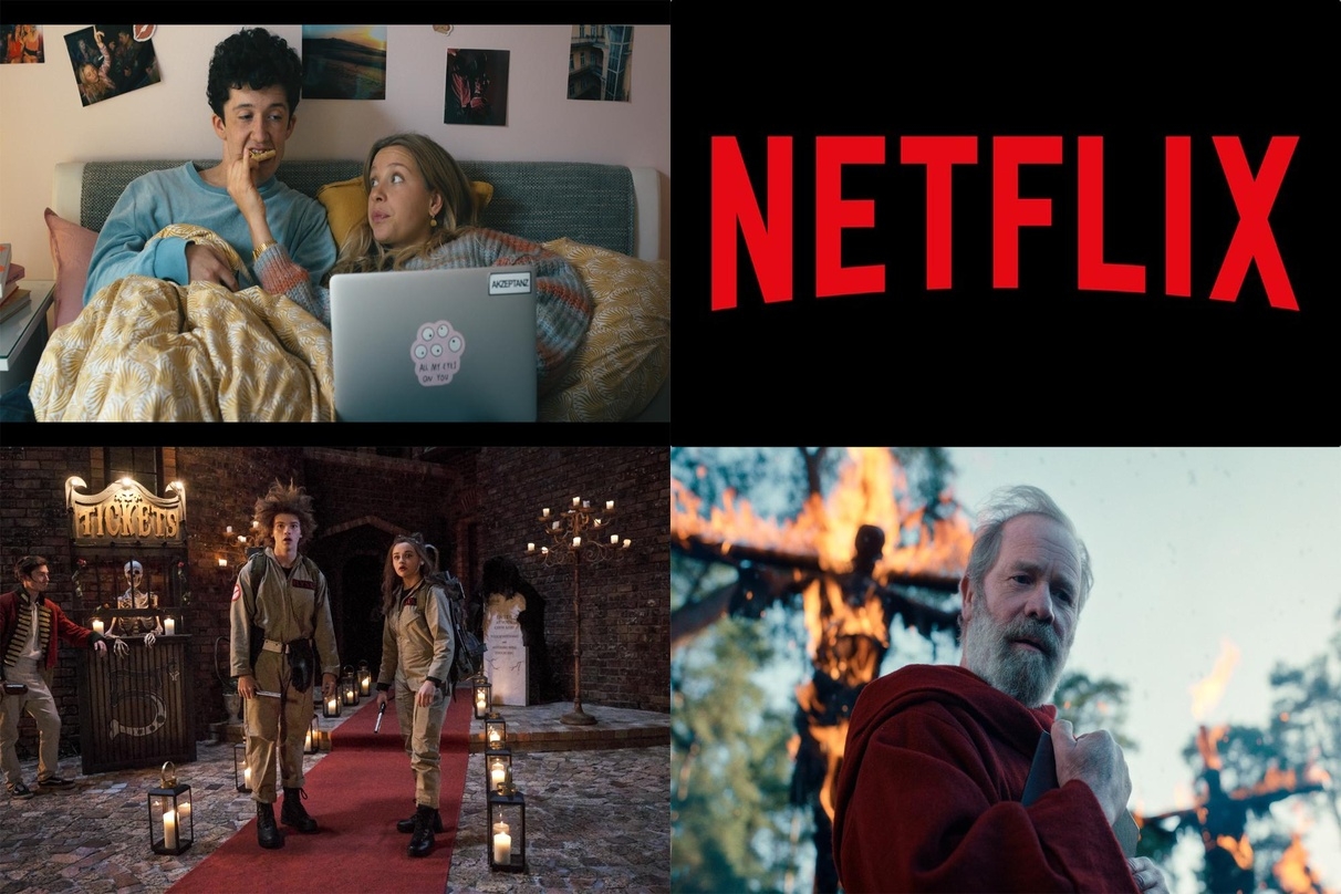 Netflix-Erfolge: "How to Sell Drugs Online (Fast)" (l.o.), "The Kissing Booth 2" (l.u.) und "Cursed - Die Auserwählte" (r.u.)