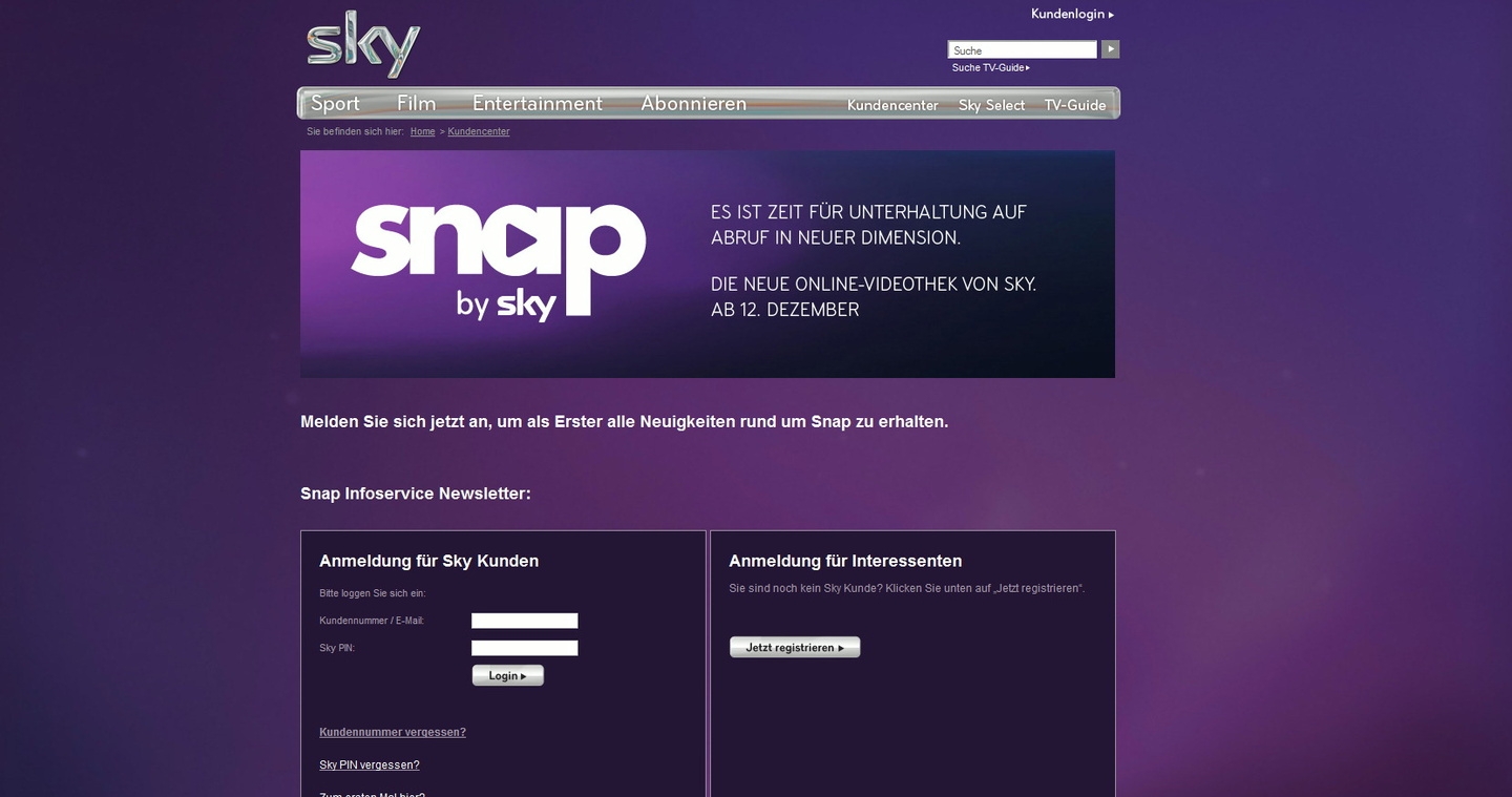 Geht am 12. Dezember online: Das neue Sky-VoD-Portal Snap