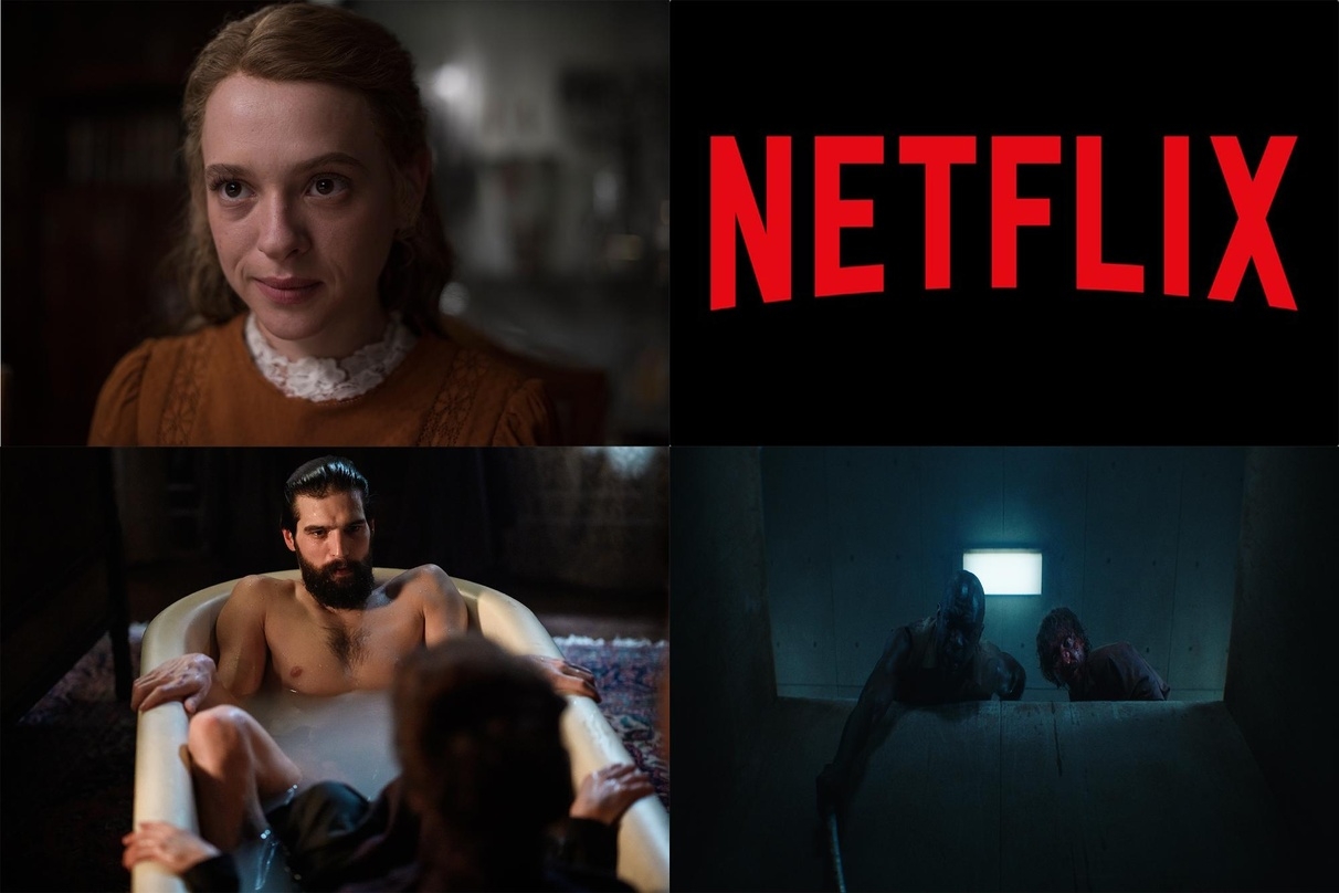 Netflix-Hits: "Unorthodox" (l.o.), "Freud" (l.u.) und "Der Schacht" (r.u.)