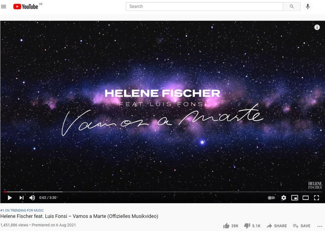 Helene Fischer landete mit "Vamos A Marte" auf Platz eins der deutschen YouTube-Musik-Trendcharts