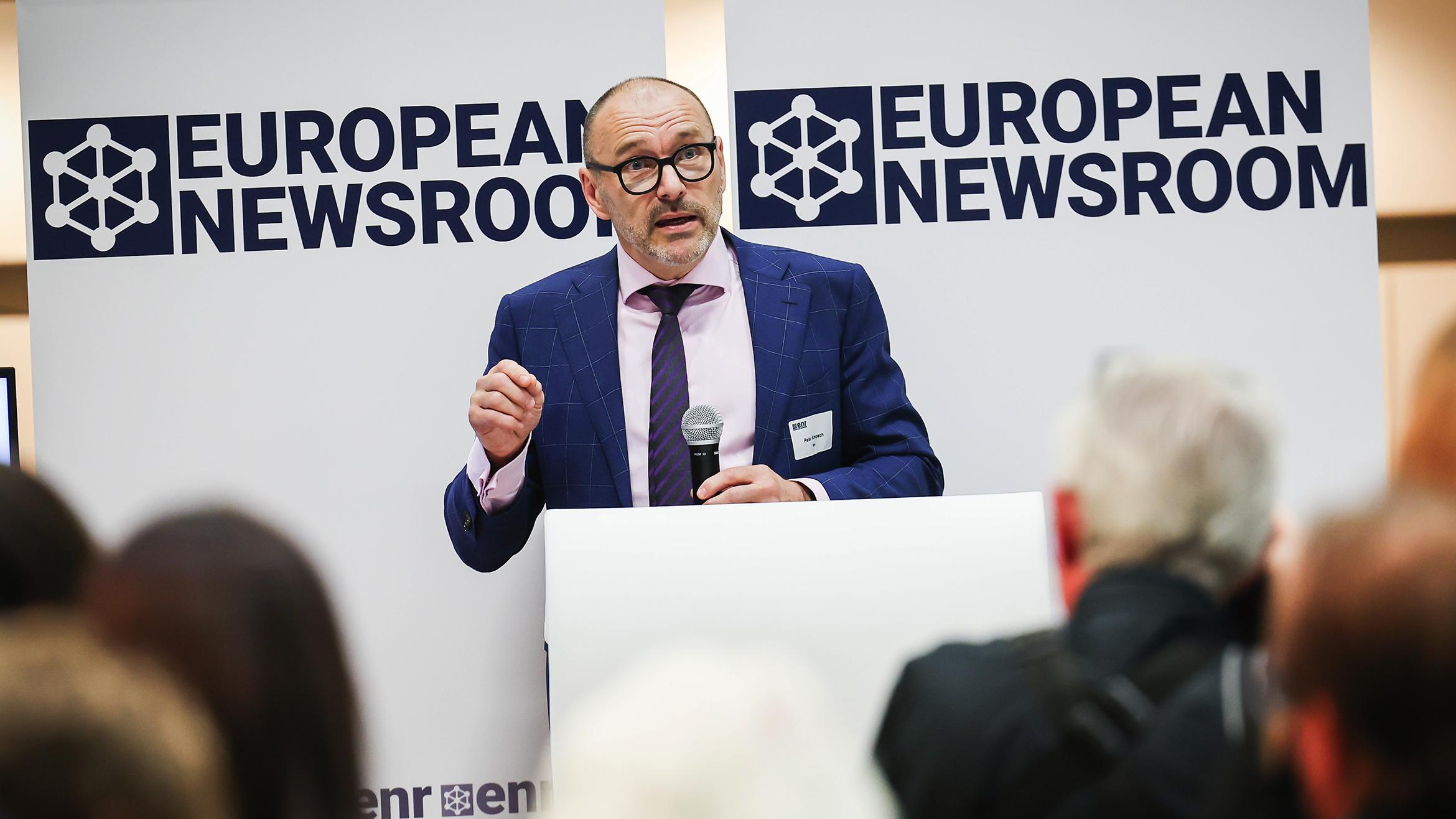 Peter Kropsch, CEO der Deutschen Presse-Agentur, bei der Eröffnung des European Newsroom (enr) in Brüssel -