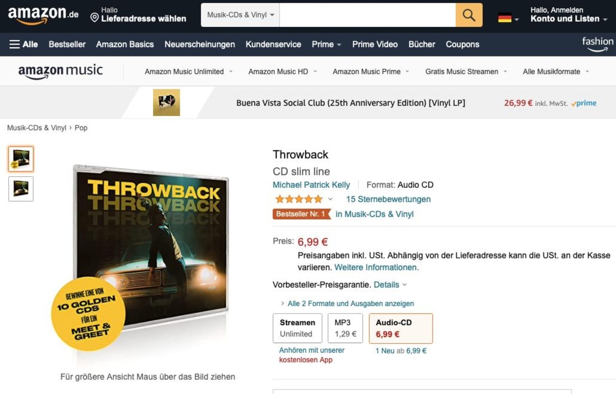 Spitzenreiter, Spitzenreiter, hey, hey: Michael Patrick Kelly liegt mit der Single "Throwback" am Tag vor VÖ bei Onlinehändler Amazon an der Spitze der CD-Vorbestellungen