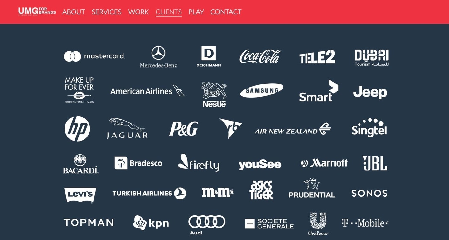 Zeigt einige der Marken mit denen Universal Music Group & Brands (UMGB) gearbeitet hat: die UMGB-Homepage