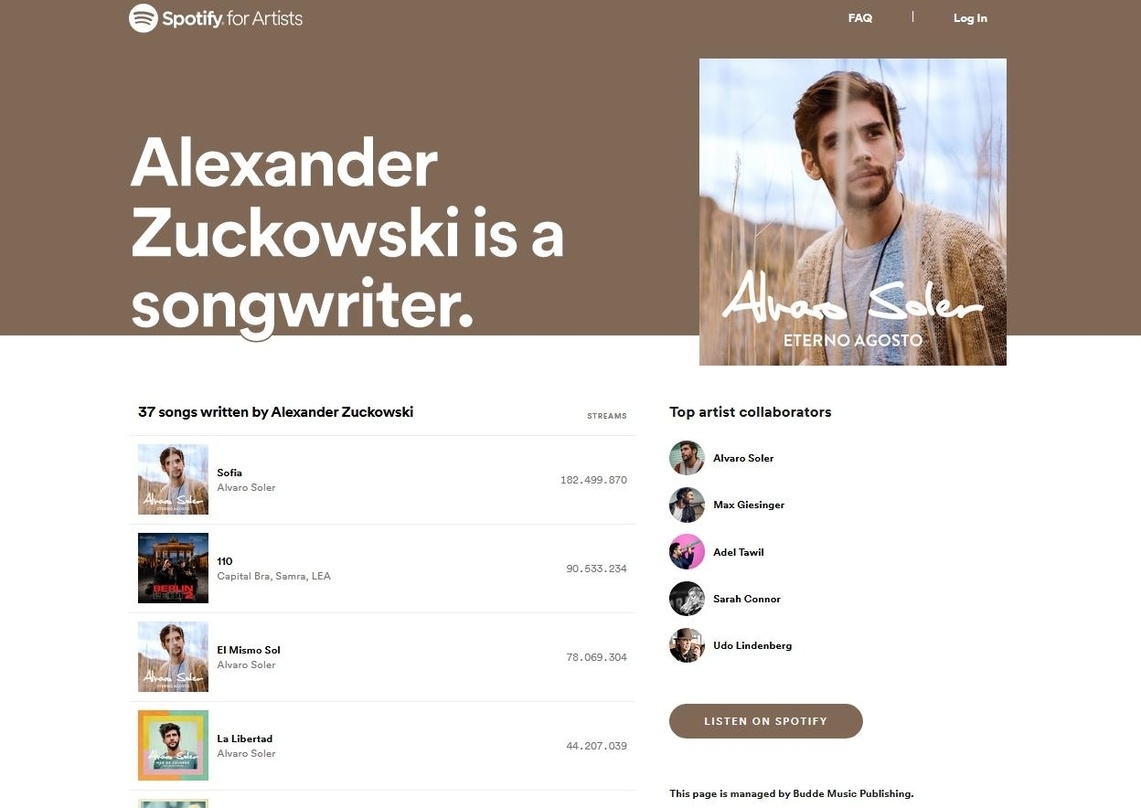 So sieht sie aus: die Online-Ansicht der sogenannten "Songwriter Page" von Alexander Zuckowski, mit dem Hinweis "This page is managed by Budde Music Publishing"