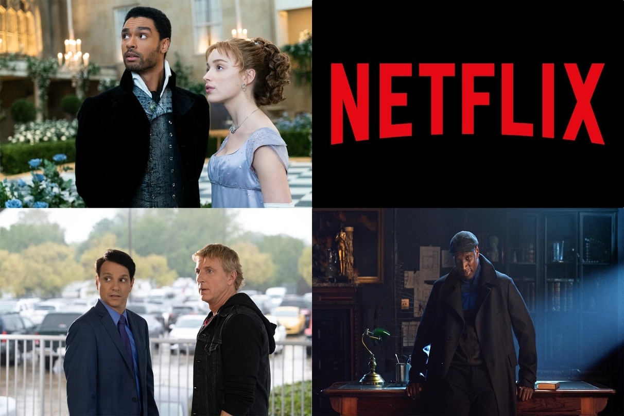 Netflix-Erfolge: "Bridgerton" (l.o.), "Cobra Kai" (l.u.) und "Lupin" (r.u.)