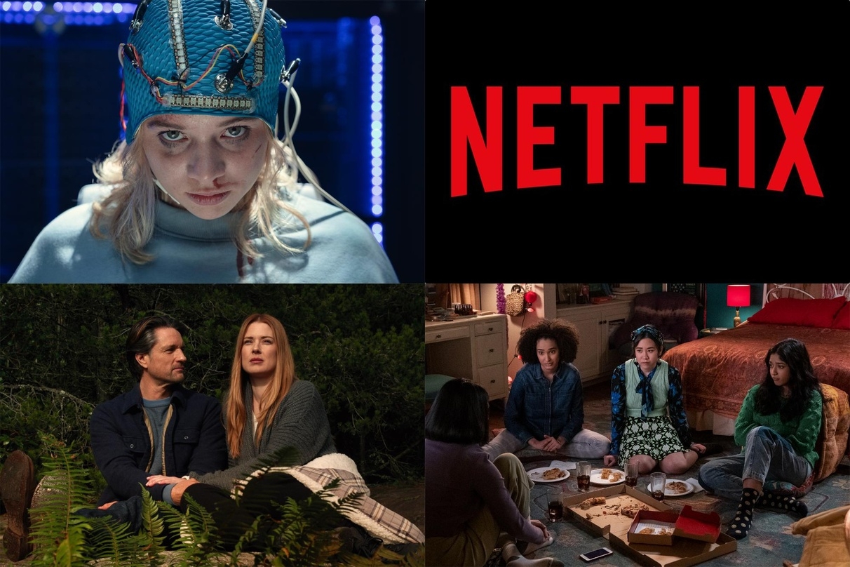 Netflix-Erfolge: "Biohackers" (l.o.), "Virgin River" (l.u.) und "Noch nie in meinem Leben" (r.u.)