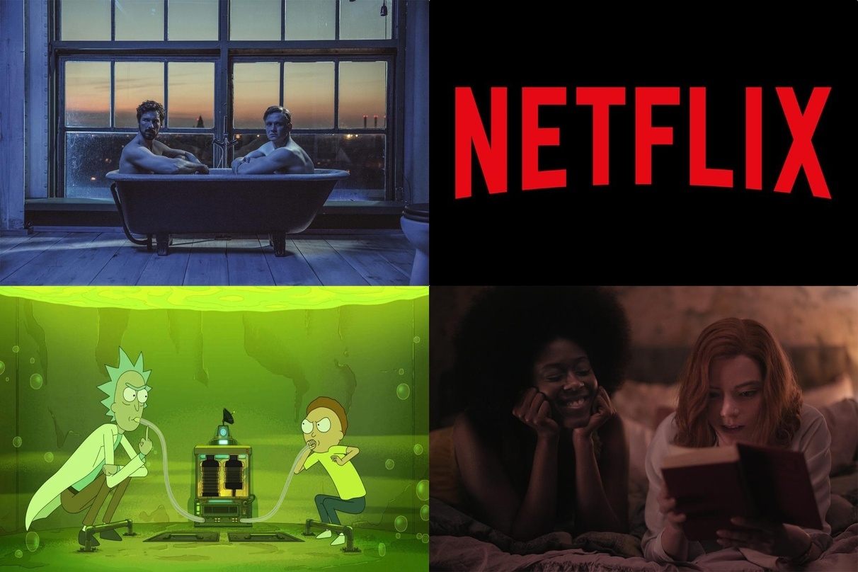 Erfolge auf Netflix: "100 Dinge" (l.o.), "Rick & Morty" (l.u.) und "Das Damengambit" (r.u.)