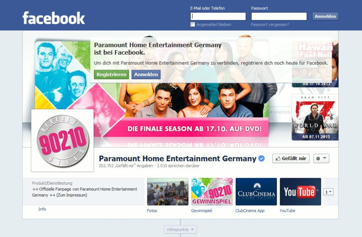 Hat schon über 200.000 Fans: die Facebook-Seite von Paramount
