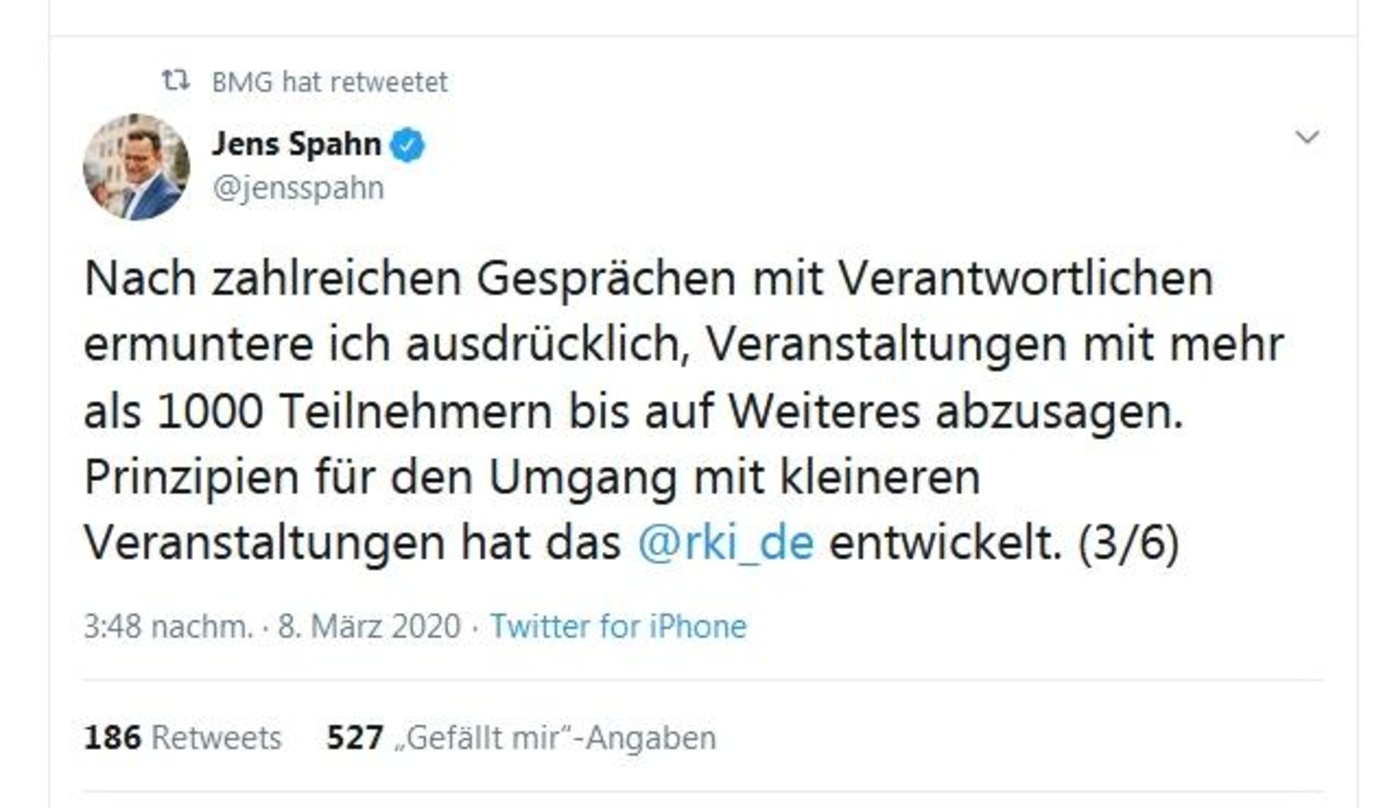 Handreichung übers Netzwerk: Gesundheitsminister Jens Spahn "ermuntert" Veranstalter, Events mit mehr als 1000 Teilnehmern "bis auf Weiteres" abzusagen.