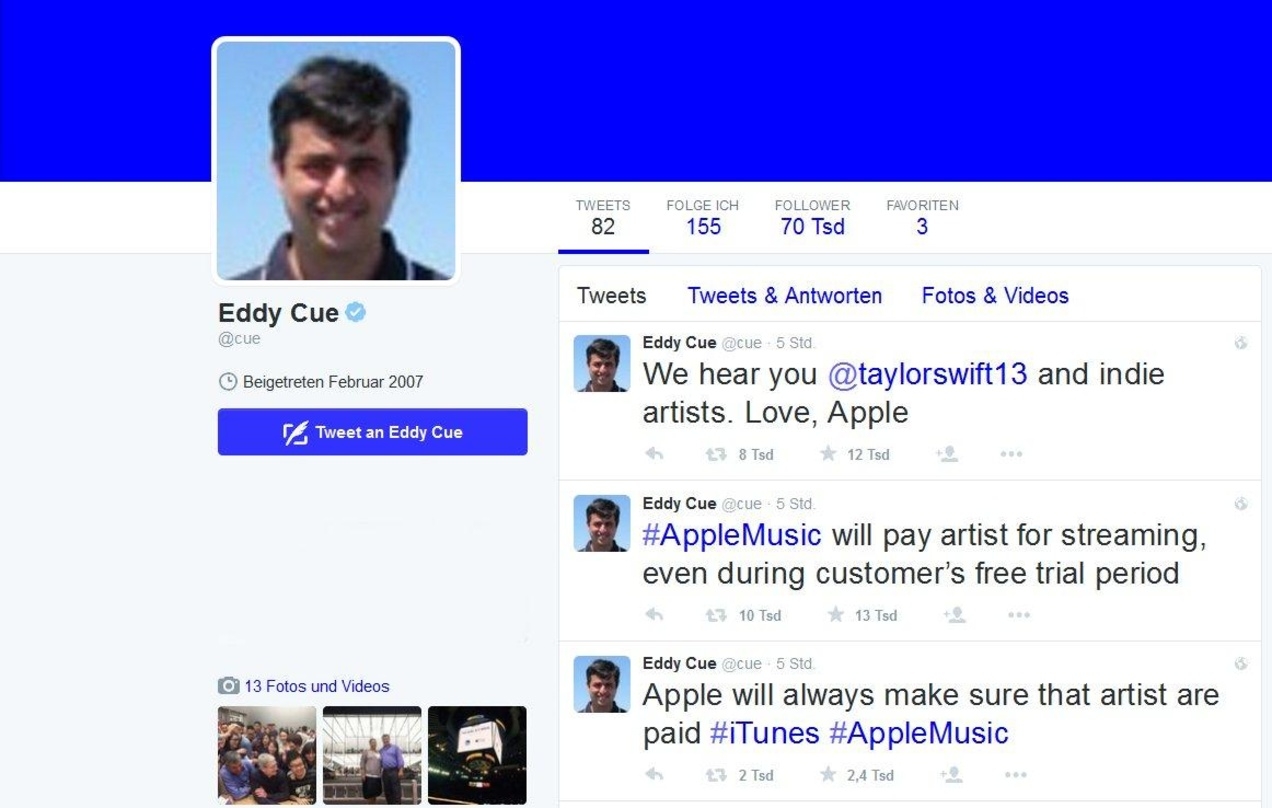 Zugeständnisse per Tweet: Apple-Manager Eddy Cue kündigt mit gleich drei Tweets die Kehrtwende von Apple in der Diskussion um die Bezahlung der Rechteinhaber in der Testphase von Apple Music an