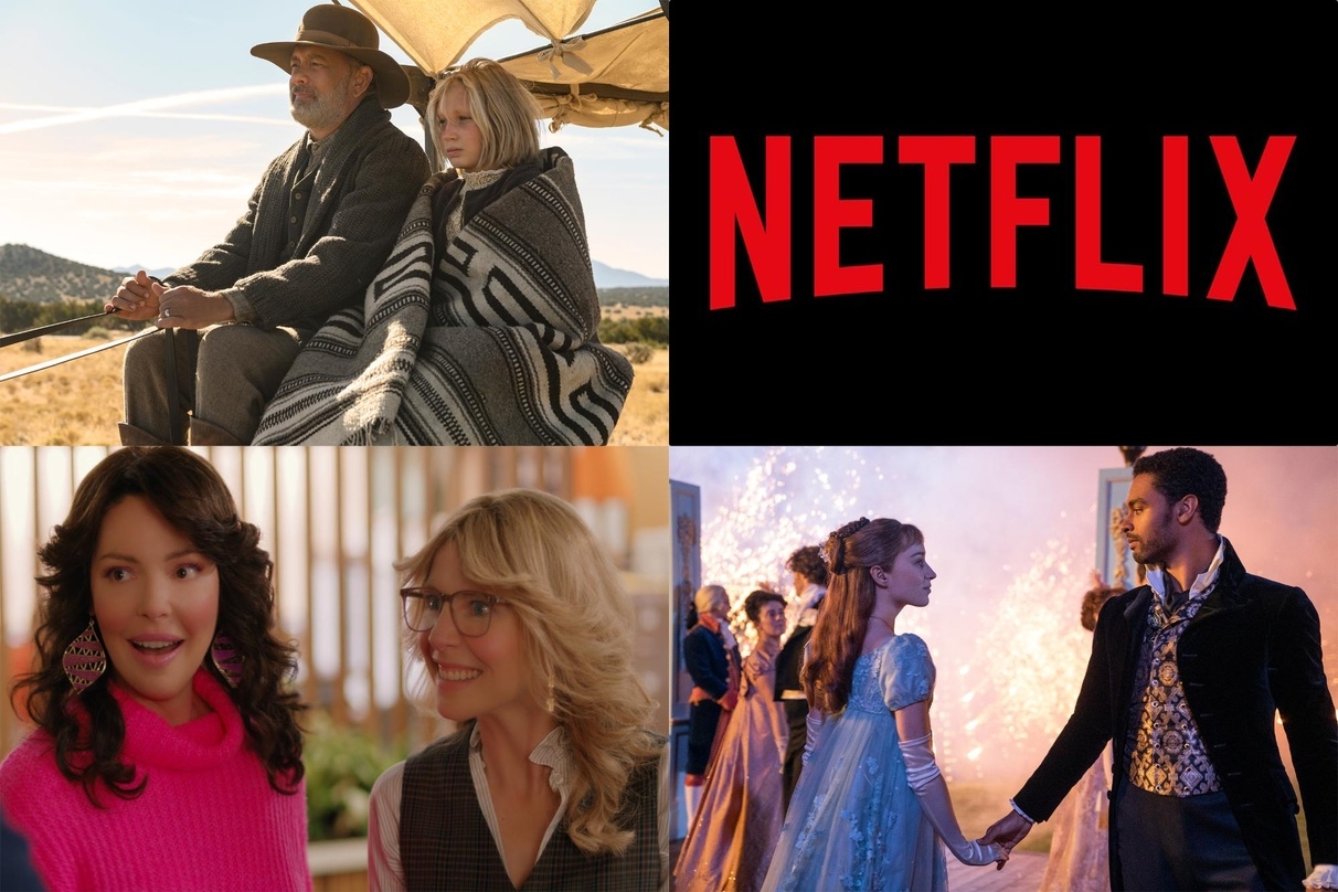 Netflix-Erfolge: "Neues aus der Welt" (l.o.), "Immer für dich da" (l.u.) und "Bridgerton" (r.u.)