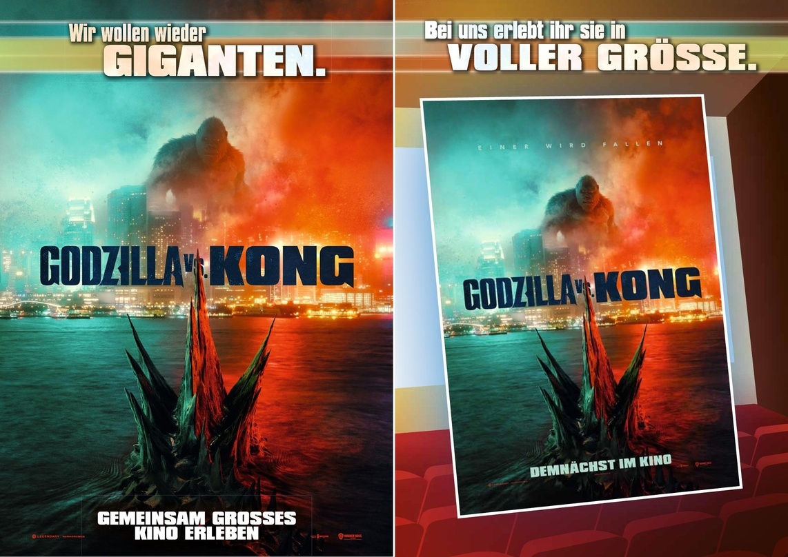 Die Plakate der Aktion "Gemeinsam großes Kino erleben" zum Warner-Blockbuster "Godzilla vs Kong" 