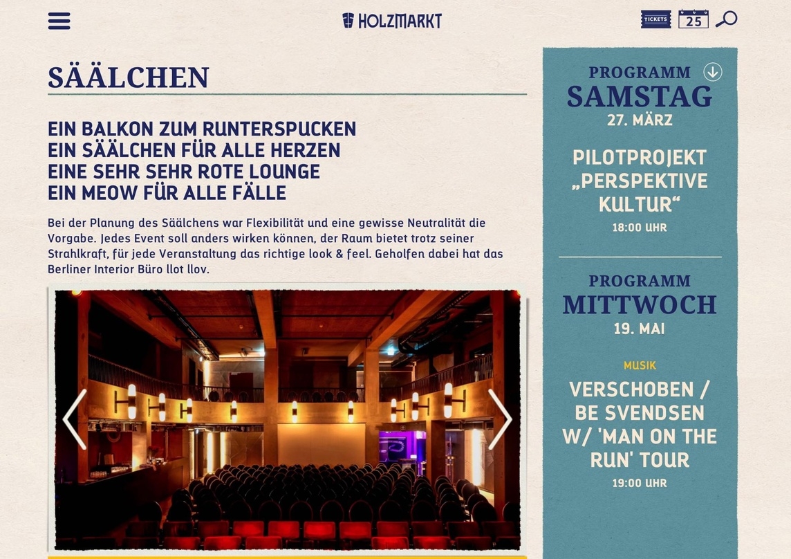 Hier findet am 27. März ein Konzert in Kooperation mit der Clubcommission Berlin statt: das Säälchen in Berlin