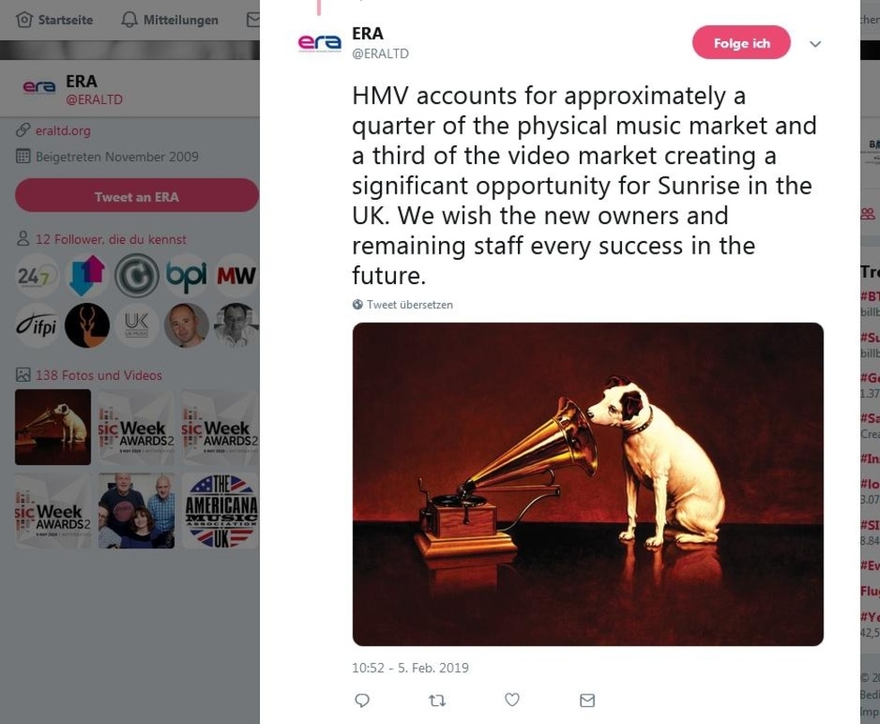 Nipper darf weitermachen: der ERA-Handelsverband wertet die HMV-Übernahme als gute Nachricht für den britischen Musikmarkt