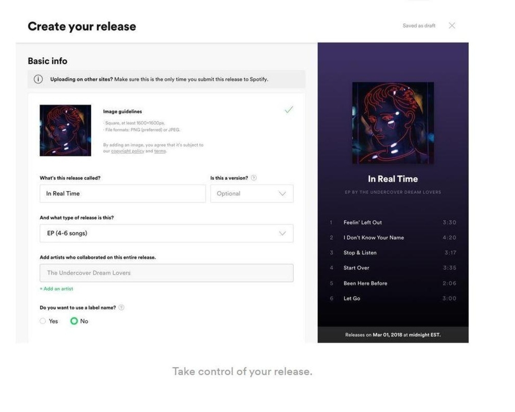 Alles im Überblick: Von Metadaten bis zu Streamingeinnahmen kann der Künstler seine Veröffentlichungen bei Spotify nun im Alleingang verwalten