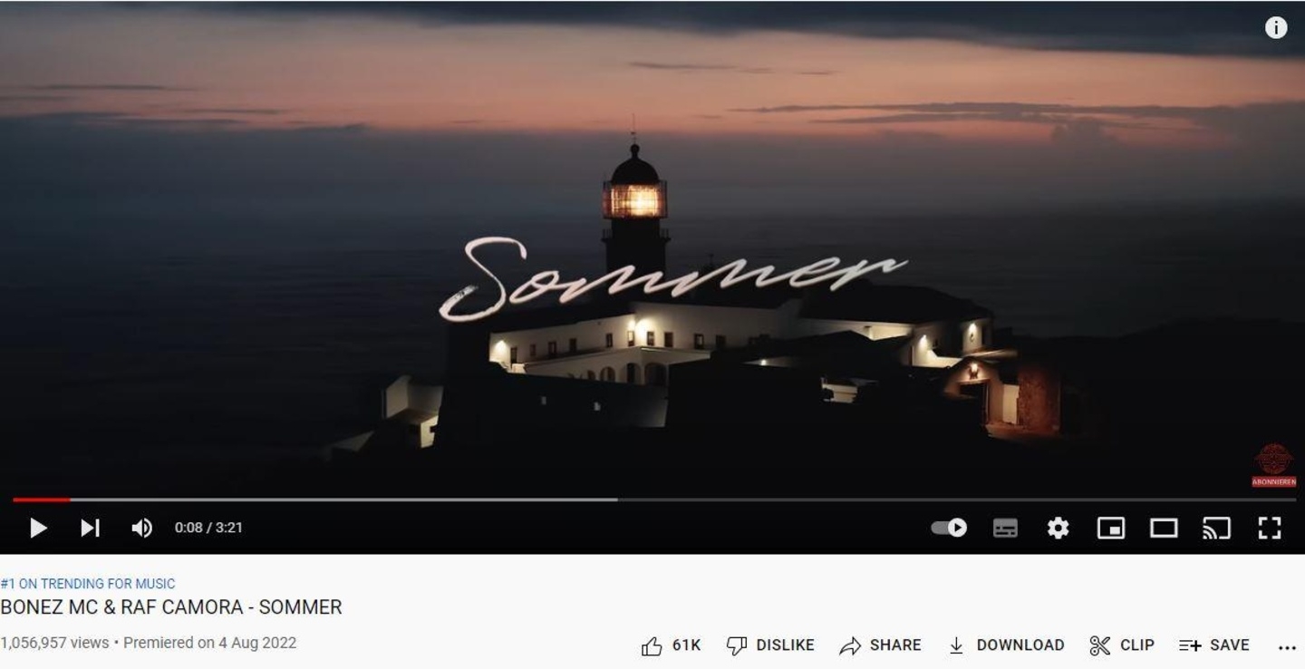 Unangefochtener Spitzenreiter in den deutschen YouTube-Musik-Trendcharts: Bonez MC und Raf Camora mit "Sommer"