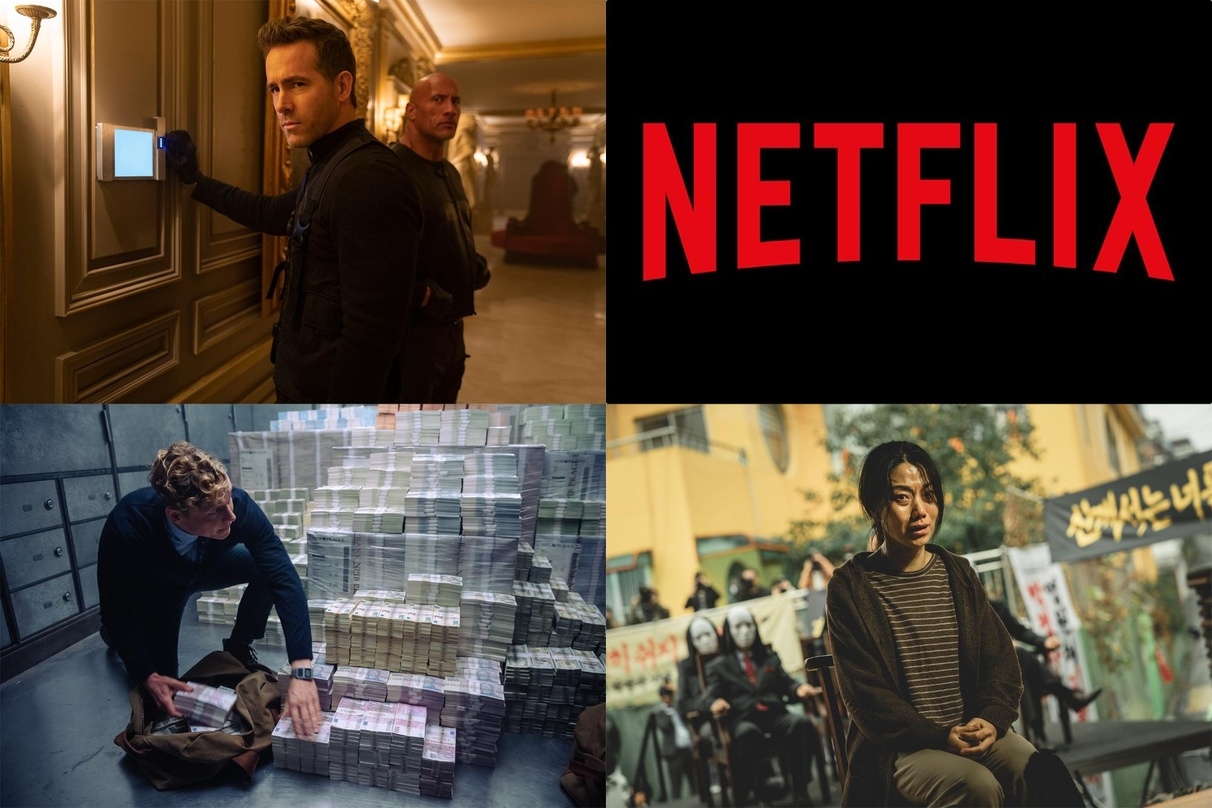 Netflix-Erfolge: "Red Notice" (l.o.), "Army of Thieves" (l.u.) und "Hellbound" (r.u.)