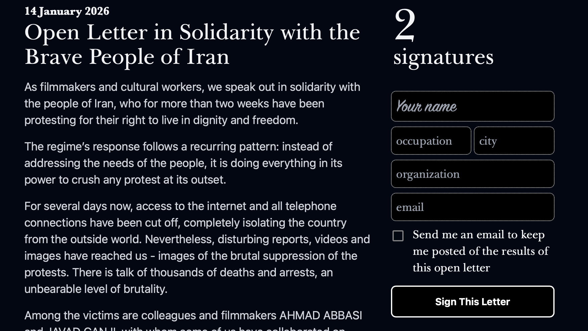 Filmbranche bekundet Solidarität mit den Menschen in Iran