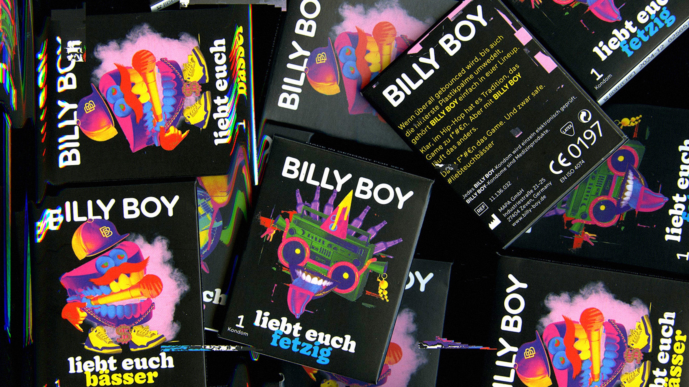 Wimmelbilder, bunte Verpackungen und Anzeigen: Billy Boy treibt es mal wieder sehr bunt –