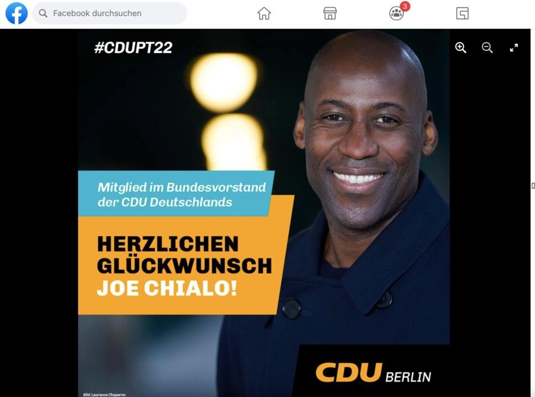 "Herzlichen Glückwunsch". die Berliner CDU gratuliert Joe Chialo zum Sitz im Bundesvorstand der Union und wertet das als "klares Bekenntnis zur Kultur- und Kreativwirtschaft"