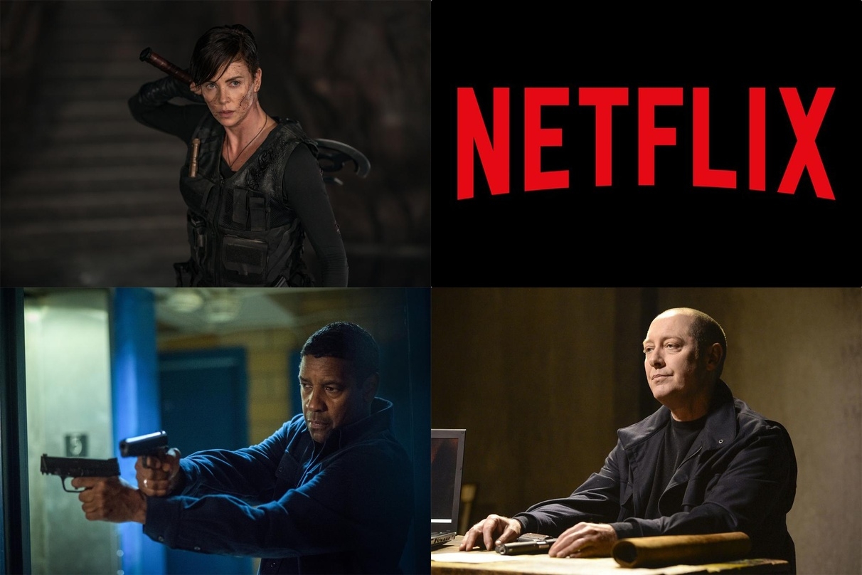 Erfolge auf Netflix: "The Old Guard" (l.o.), "The Equalizer 2" (l.u.) und "The Blacklist" (r.u.)