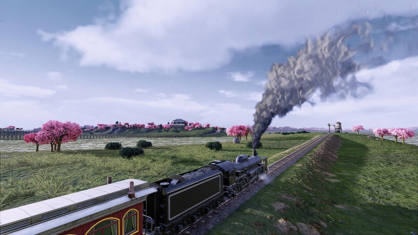 Ab 07.05. können SpielerInnen in "Railway Empire" Gleise zwischen Kirschblütenbäumen legen.