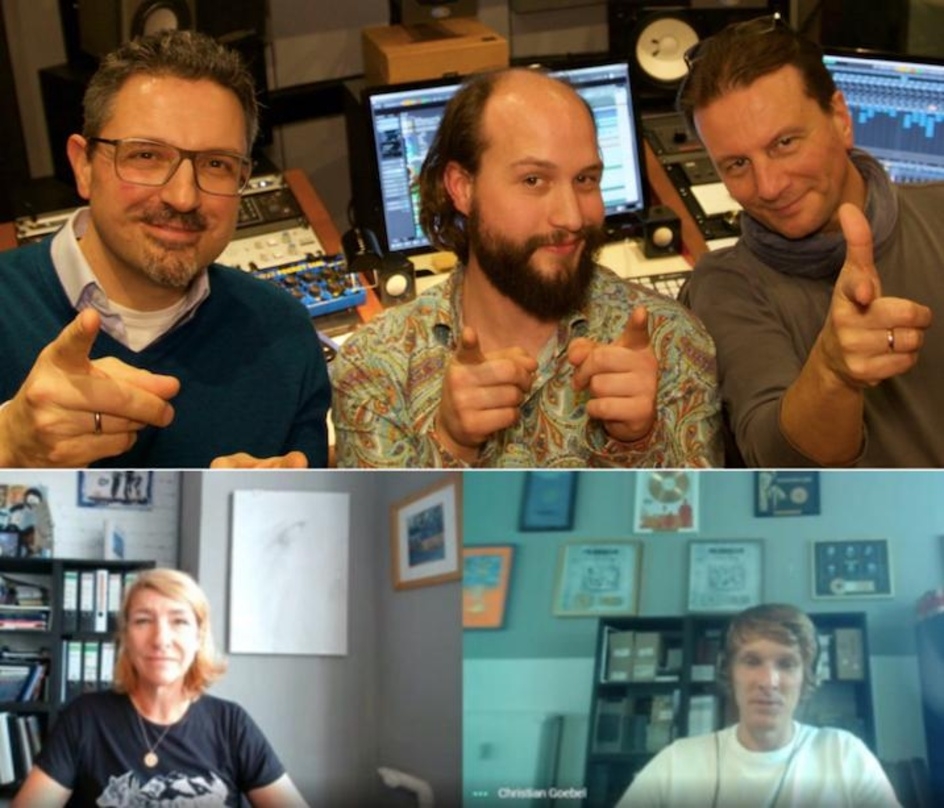 Arbeiten gemeinsam am deutschsprachigen Elektro-Pop-Projekt Liener (oben, von links): Günther Wildner (Management Liener), der Künstler Matthias Liener und Produzent Dietmar Tinhof sowie (unten) Petra Husemann-Renner und Christian Goebel (beide Motor Entertainment)