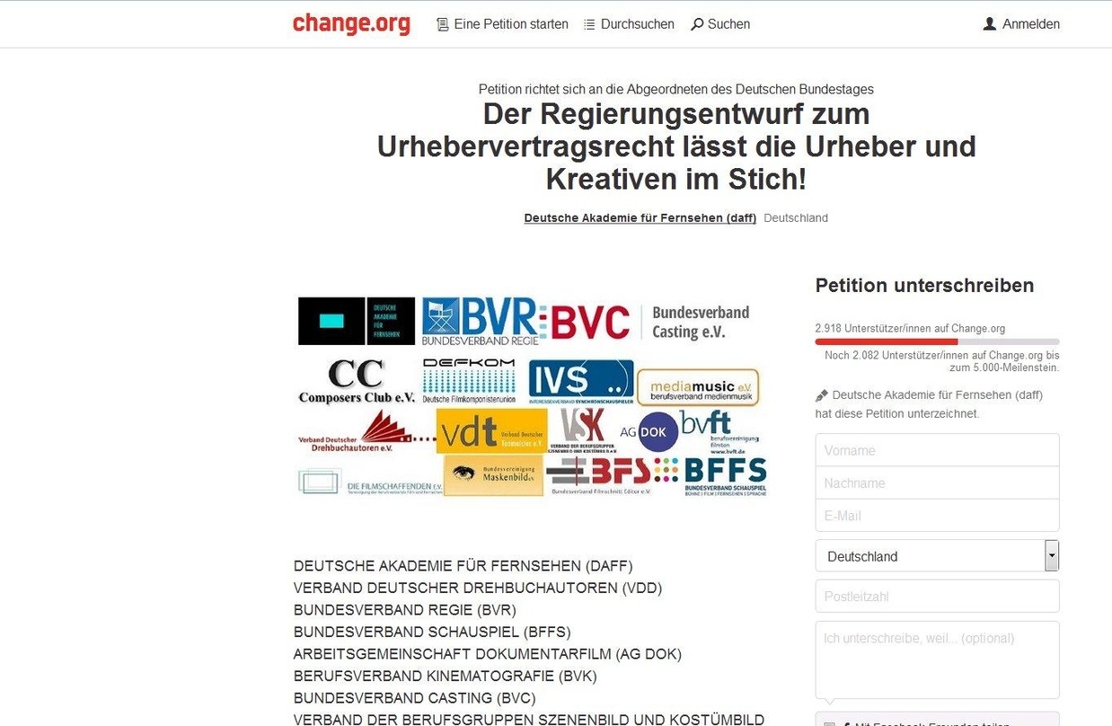 Unter der Federführung der Deutschen Akademie für Fernsehen wurde jetzt eine Online-Petition gegen den jüngsten Regierungsentwurf zum Urhebervertragsrecht gestartet