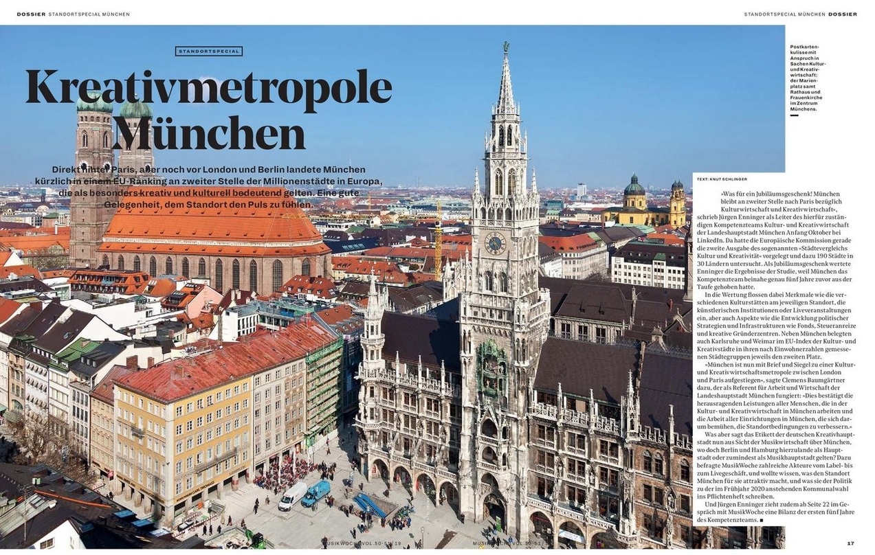 Postkartenkulisse mit Anspruch in Sachen Kulturund Kreativwirtschaft: der Marienplatz samt Rathaus und Frauenkirche im Zentrum Münchens.