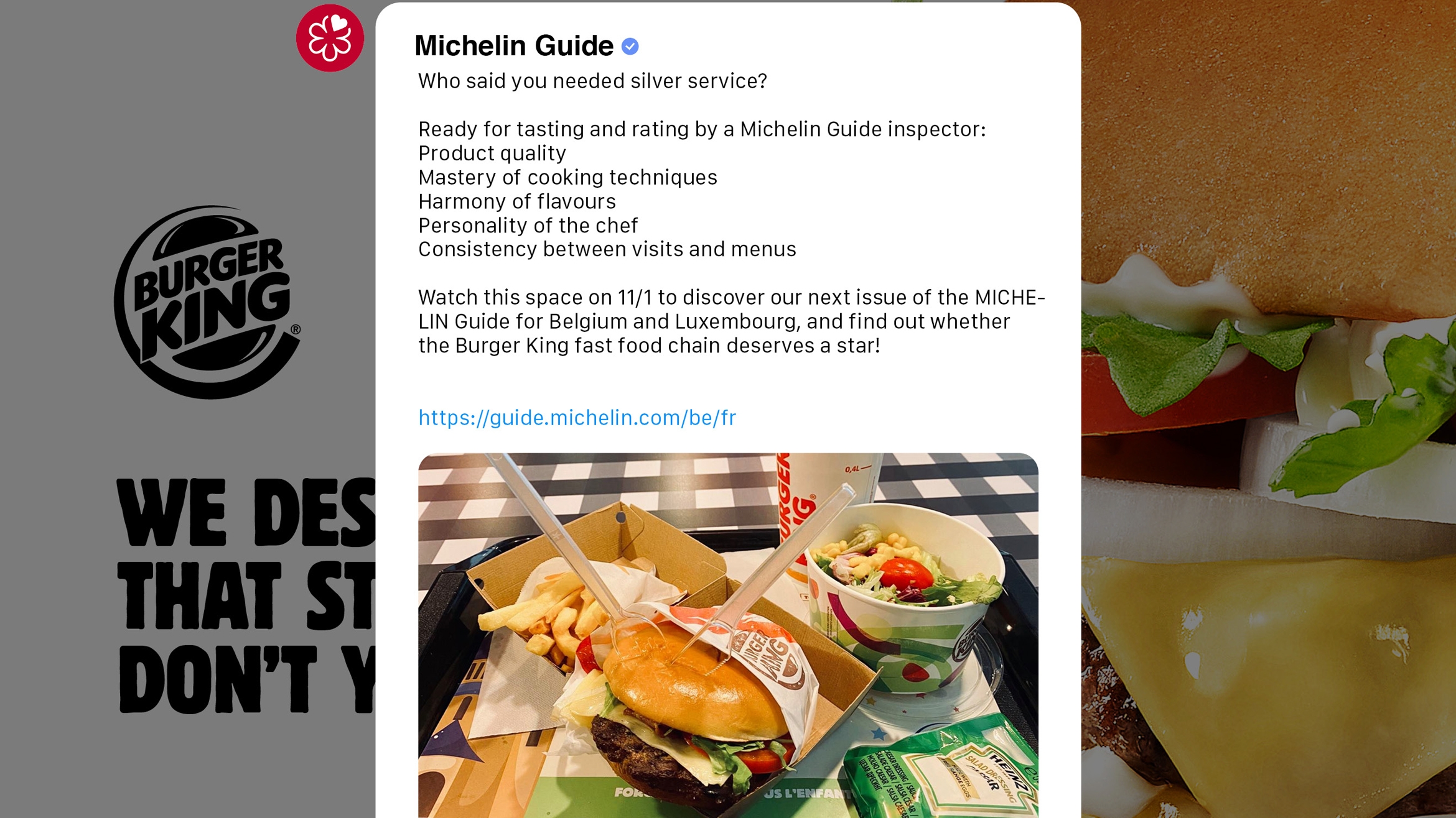 In einem offenen Brief an den Michelin Guide bewirbt sich Burger King um einen der begehrten Gourmet-Sterne –