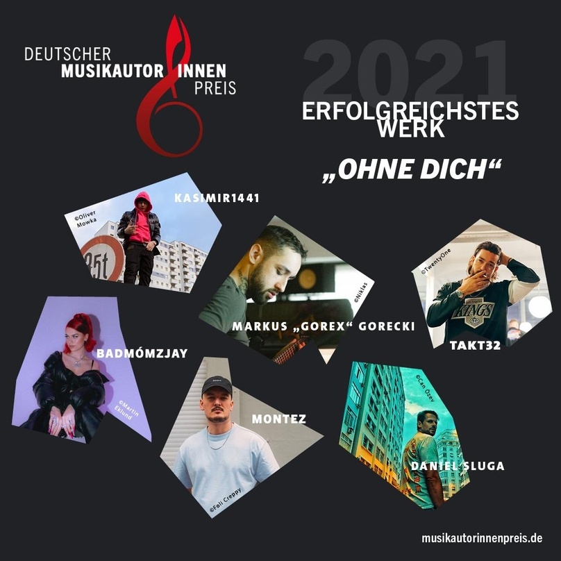 Erhalten den Deutschen Musikautor:innenpreis für das "Erfolgreichste Werk 2021" (von oben links im Uhrzeigersinn): Kasimir1441, Markus Gorex Gorecki, Takt32, Sluga, Montez und badmómzjay