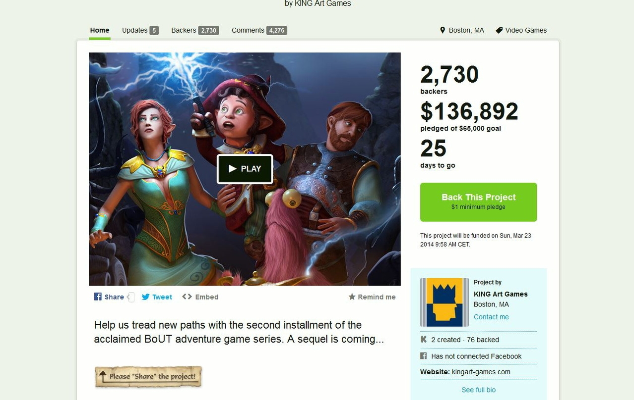 Die vergleichsweise bescheidenen Ziele garantieren King Arts Kickstarter-Erfolg