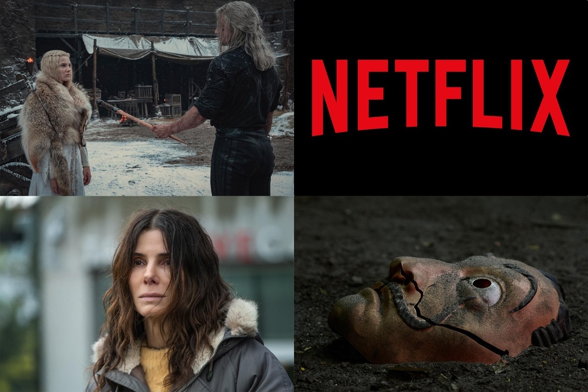 Netflix-Erfolge: "The Witcher (l.o.), "The Unforgivable" (l.u.) und "Haus des Geldes" (r.u.)