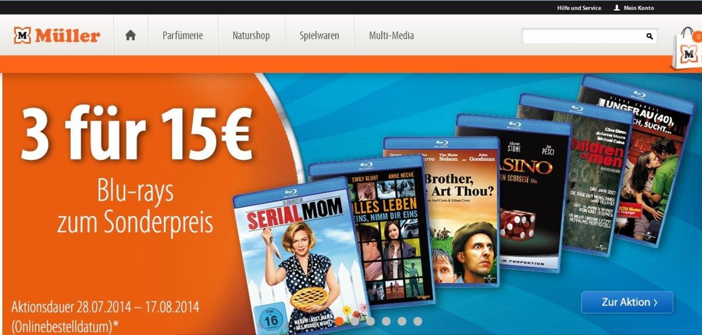 Müller verkauft derzeit 3 Universal-Blu-rays für 15 Euro