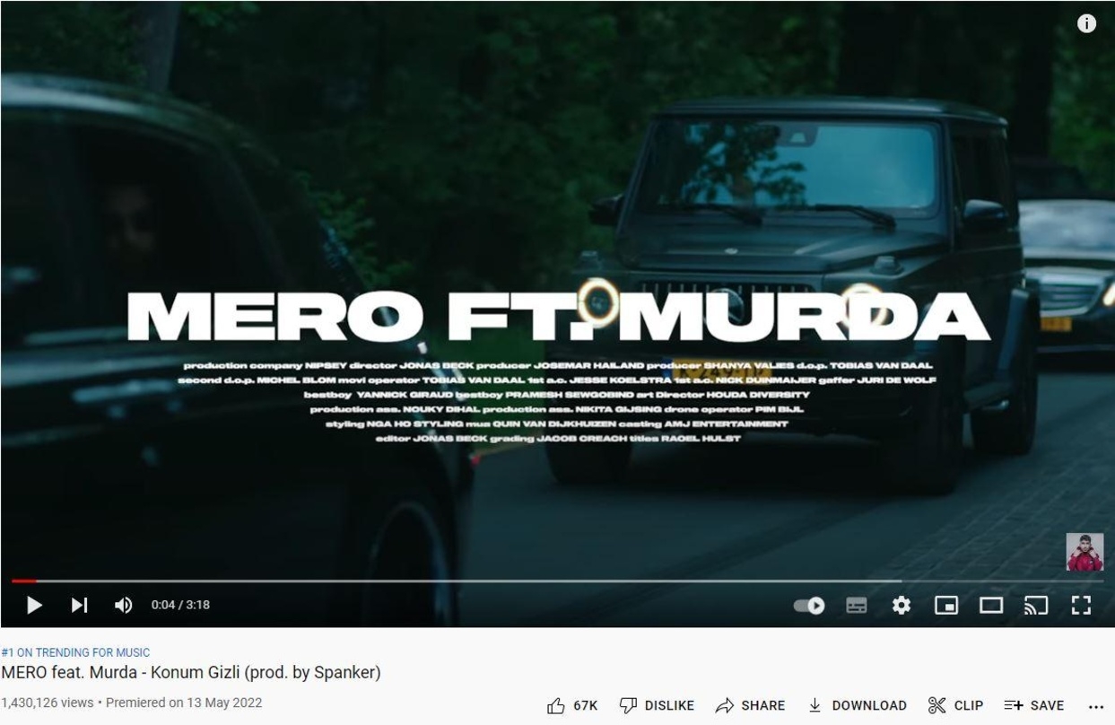 Mero feat. Murda übernahmen mit "Konum Gizli" am Sonntag die Spitze der deutschen YouTube-Musik-Trendcharts