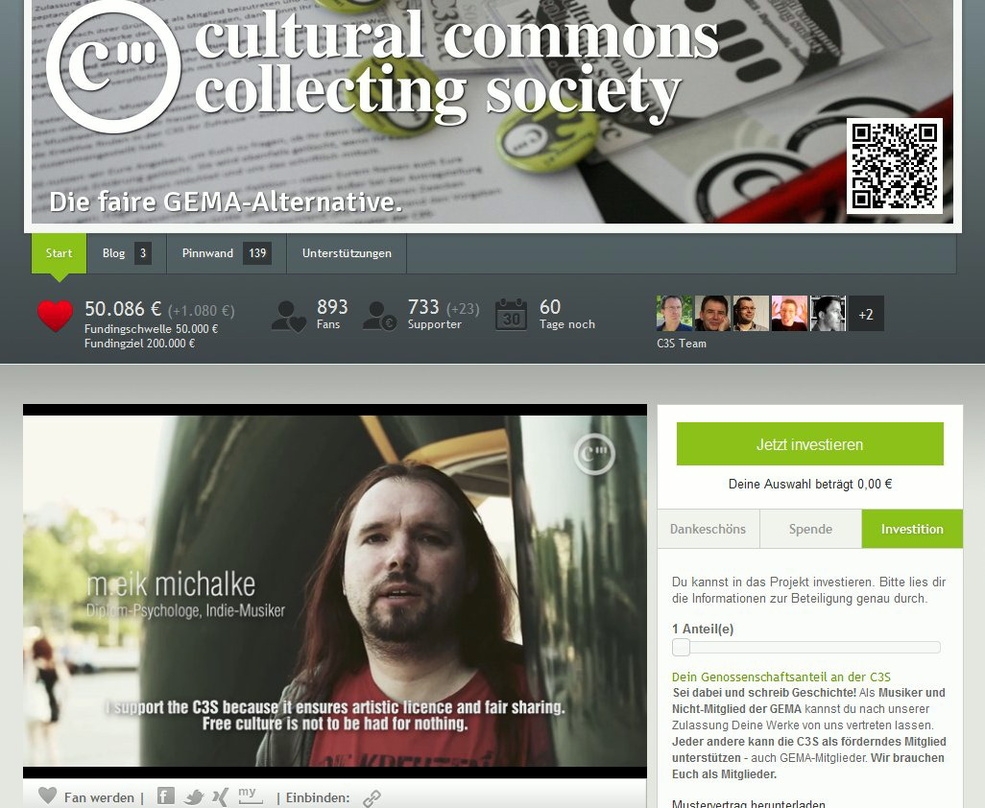 Wirbt um Umterstützer für die C3S: Die C3S-Kampagne auf der Crowdfunding-Plattform Startnext