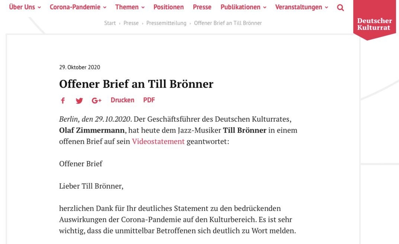 "Lieber Till Brönner": Olaf Zimmermann will mit einem Offenen Brief an den prominenten Künstler klarstellen, dass die Kulturbranche sehr wohl über Interessenvertreter verfügt