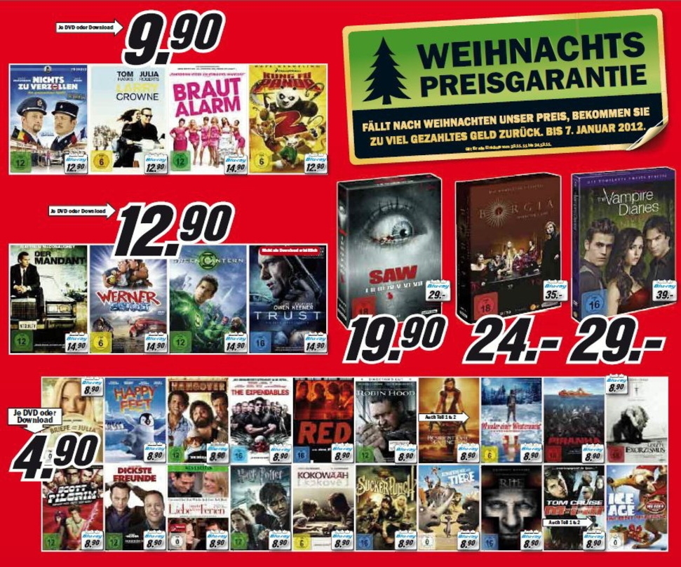 Media Markt bietet wieder viele DVD- und Blu-ray-Schnäppchen - und das mit "Weihnachts-Preisgarantie"