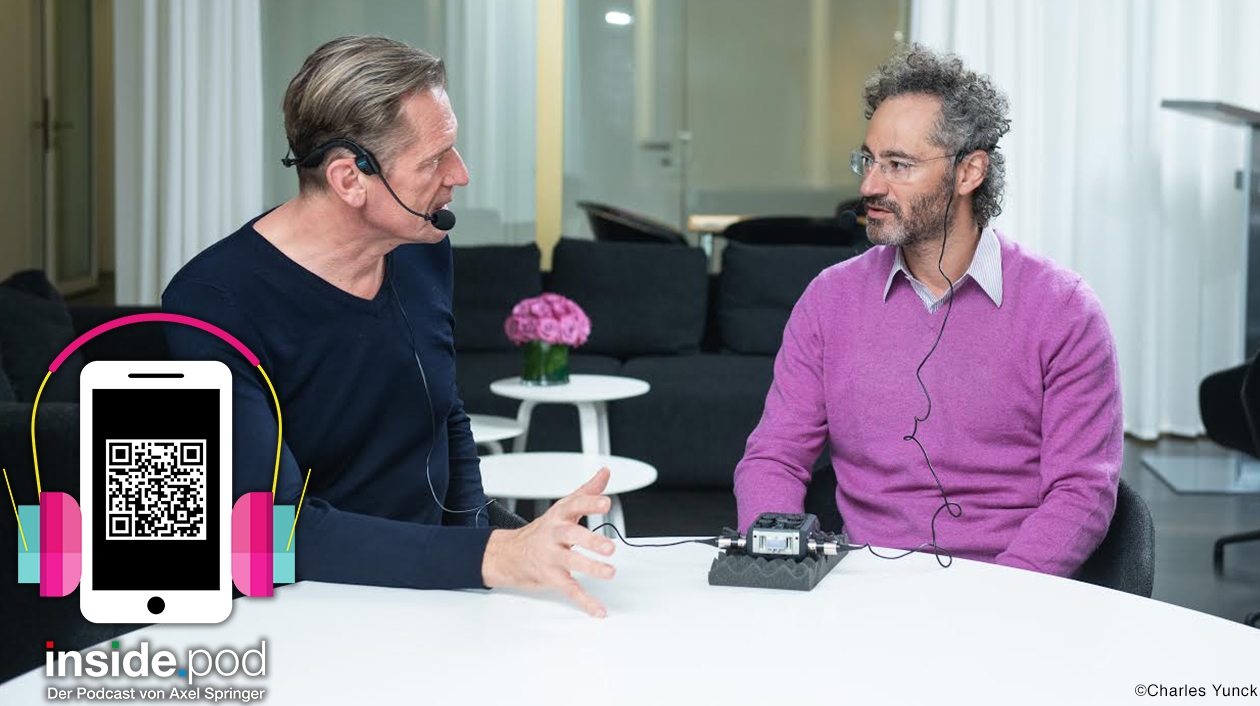 Interview für den Konzern-Podcast: Axel Springer-CEO Mathias Döpfner (li.) im Gespräch mit Software-Unternehmer Alex Karp, der zugleich Aufsichtsrat des Medienhauses ist
