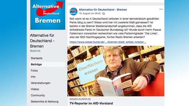 Via Facebook verteidigte die AfD in Bremen Hinrich Lührssen im August vergangenen Jahres