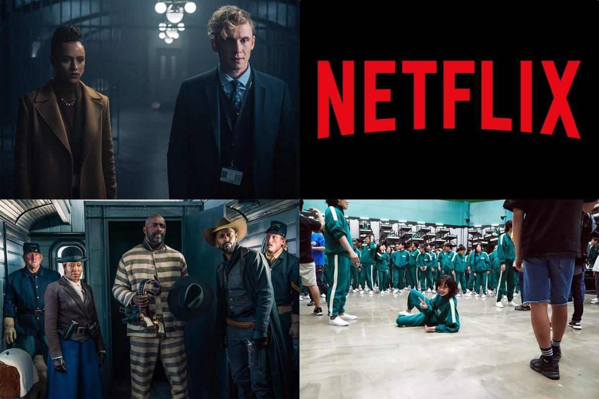 Netflix-Erfolge: "Army of Thieves" (l.o.), "The Harder They Fall" (l.u.) und "Squid Game" (r.u.)