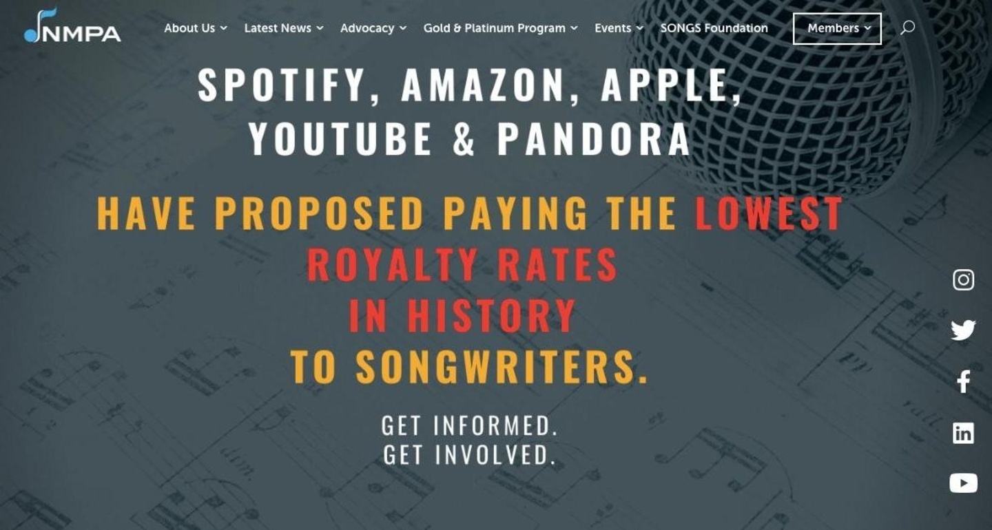Lobbyarbeit im Tarifstreit: die NMPA-Musikverleger machen auf den Verbandsseiten Stimmung gegen Spotify Amazon, Apple, YouTube und Pandora