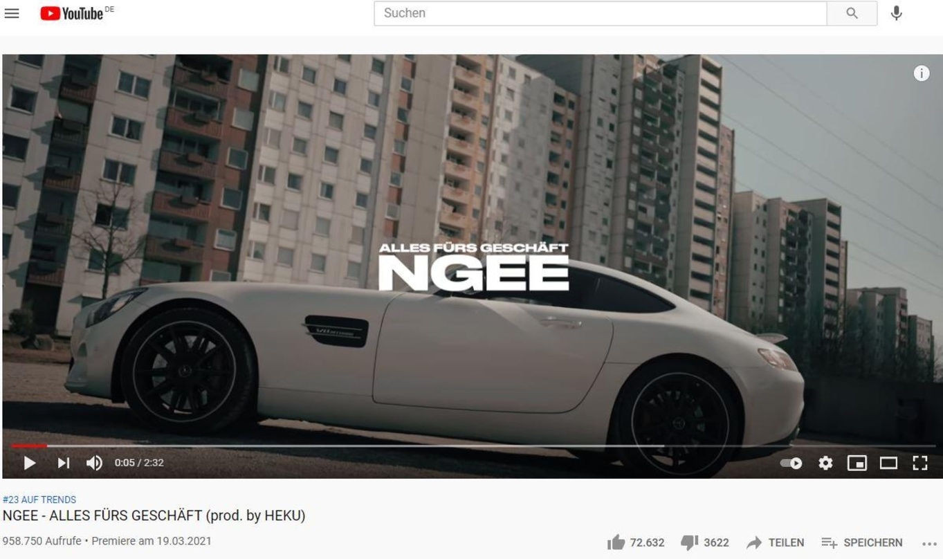 Stand am Wochenende auf Platz eins der deutschen YouTube-Musik-Trendcharts: Rapper Ngee mit "Alles fürs Geschäft"