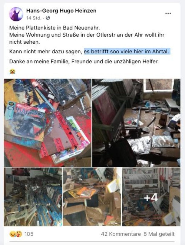 Schreckensbilder: Hugo Heinzen zeigt via Facebook erste Bilder der Verwüstungen in seiner Plattenkiste in Bad Neuenahr 